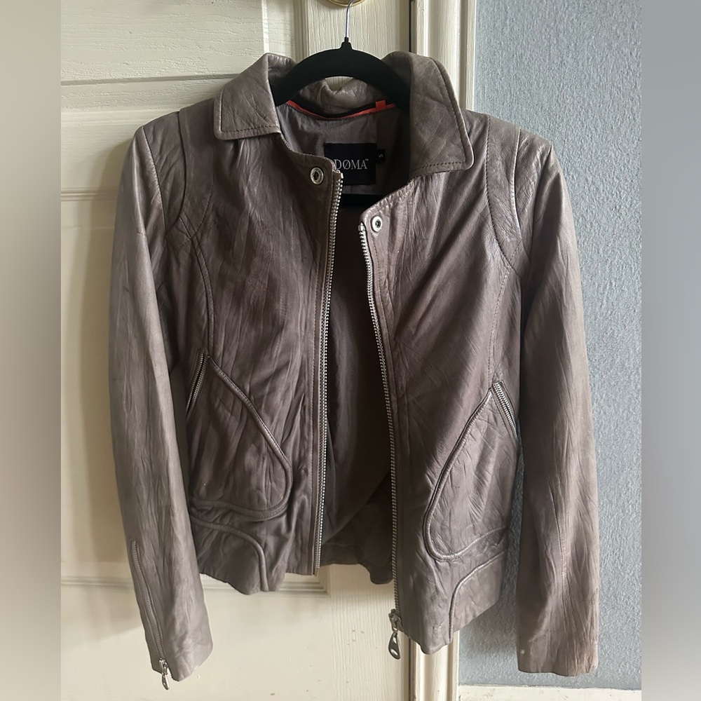 Pre-Owned Doma Tan/Gray Moto Leather Jacket Small